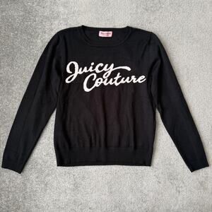 Juicy Couture Sweater Womens Medium Black Crewneck Pullover Logo Spell Out Knit